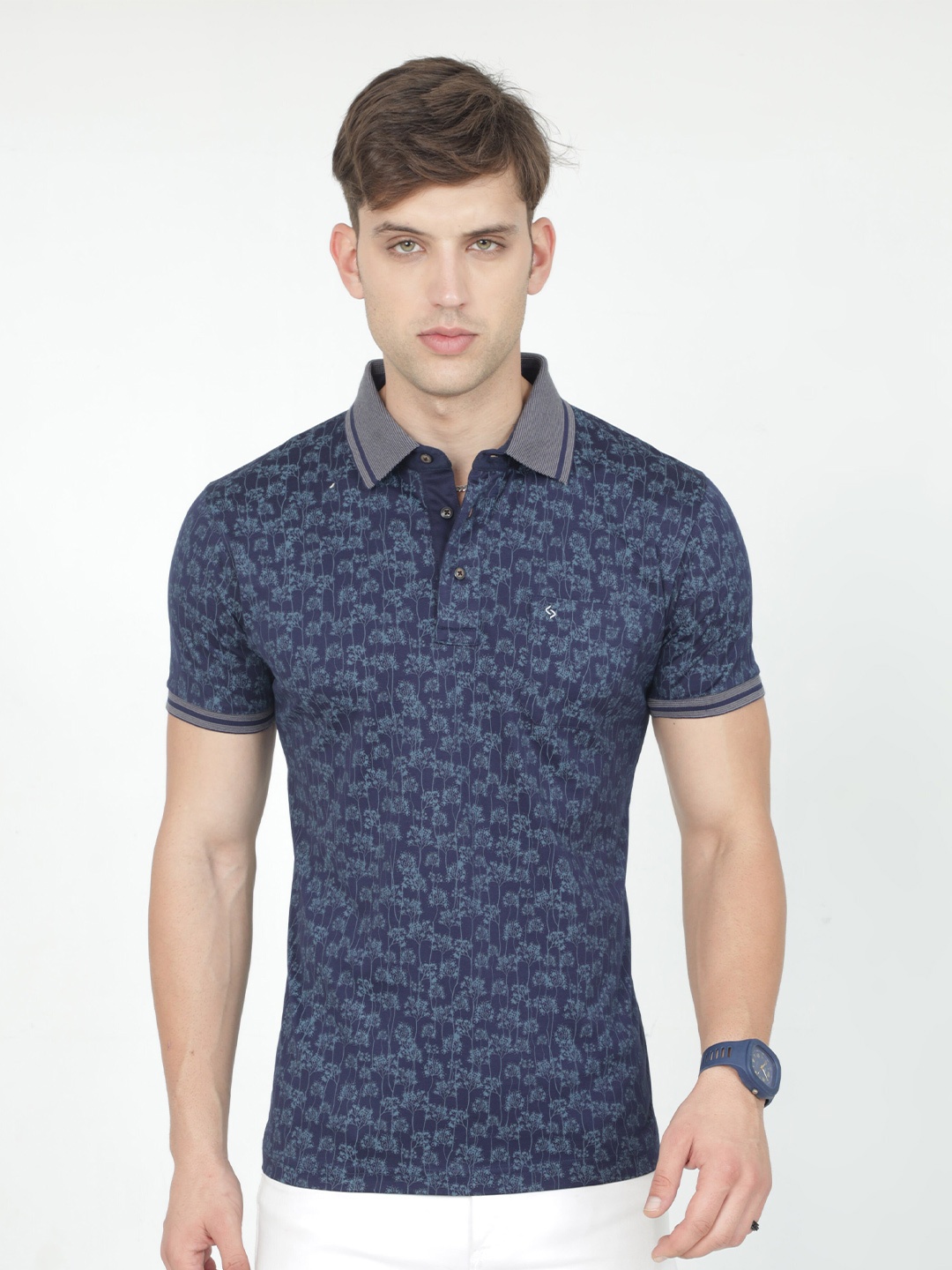 

Classic Polo Floral Printed Polo Collar Cotton Slim Fit T-shirt, Navy blue