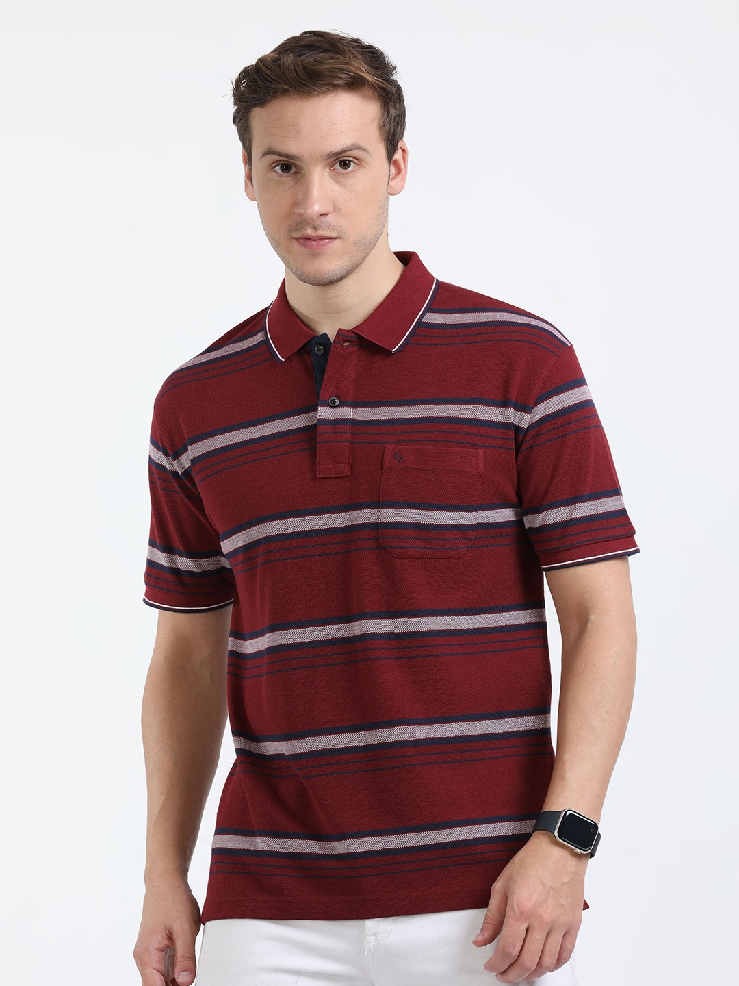 

Classic Polo Striped Polo Collar Cotton T-shirt, Maroon