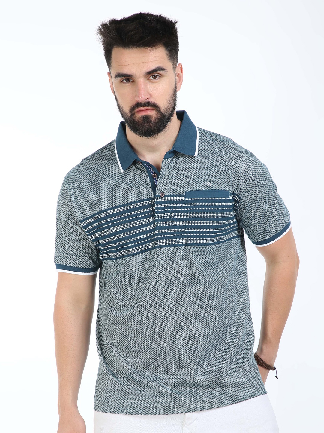 

Classic Polo Striped Polo Collar Cotton T-shirt, Teal