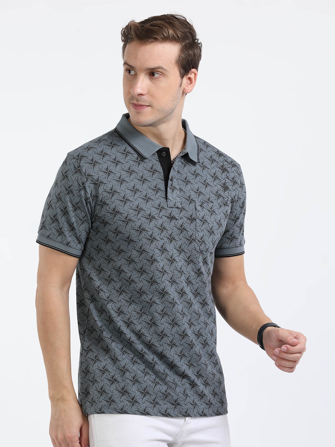 

Classic Polo Abstract Printed Polo Collar Slim Fit Cotton T-shirt, Grey