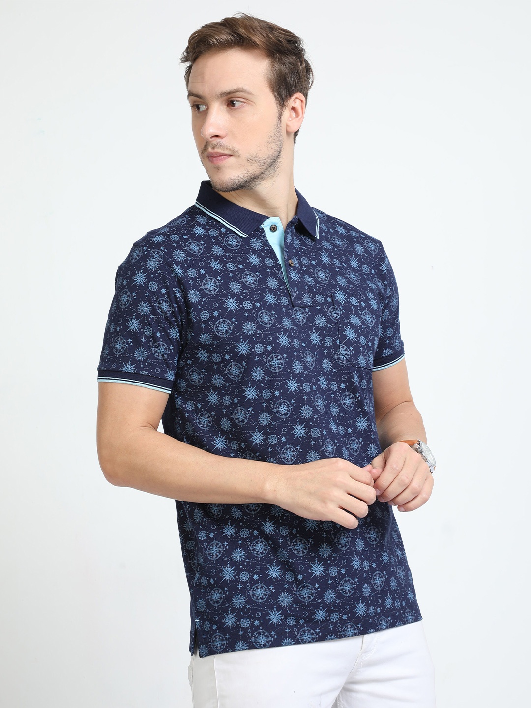 

Classic Polo Conversational Printed Polo Collar Slim Fit Cotton T-shirt, Navy blue