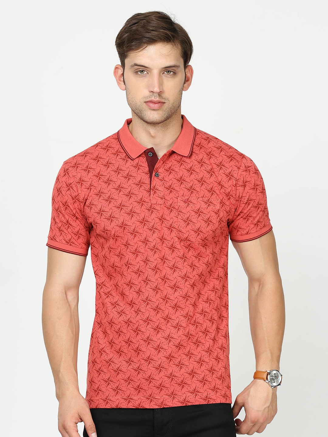 

Classic Polo Abstract Printed Polo Collar Slim Fit Cotton T-shirt, Red