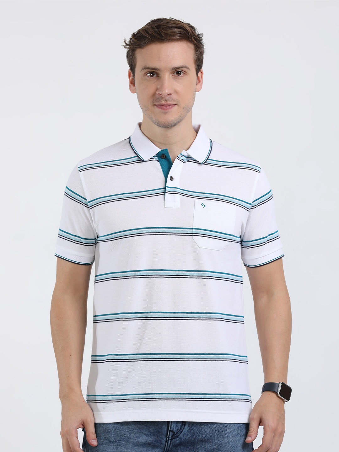 

Classic Polo Striped Polo Collar Slim Fit Cotton T-shirt, White