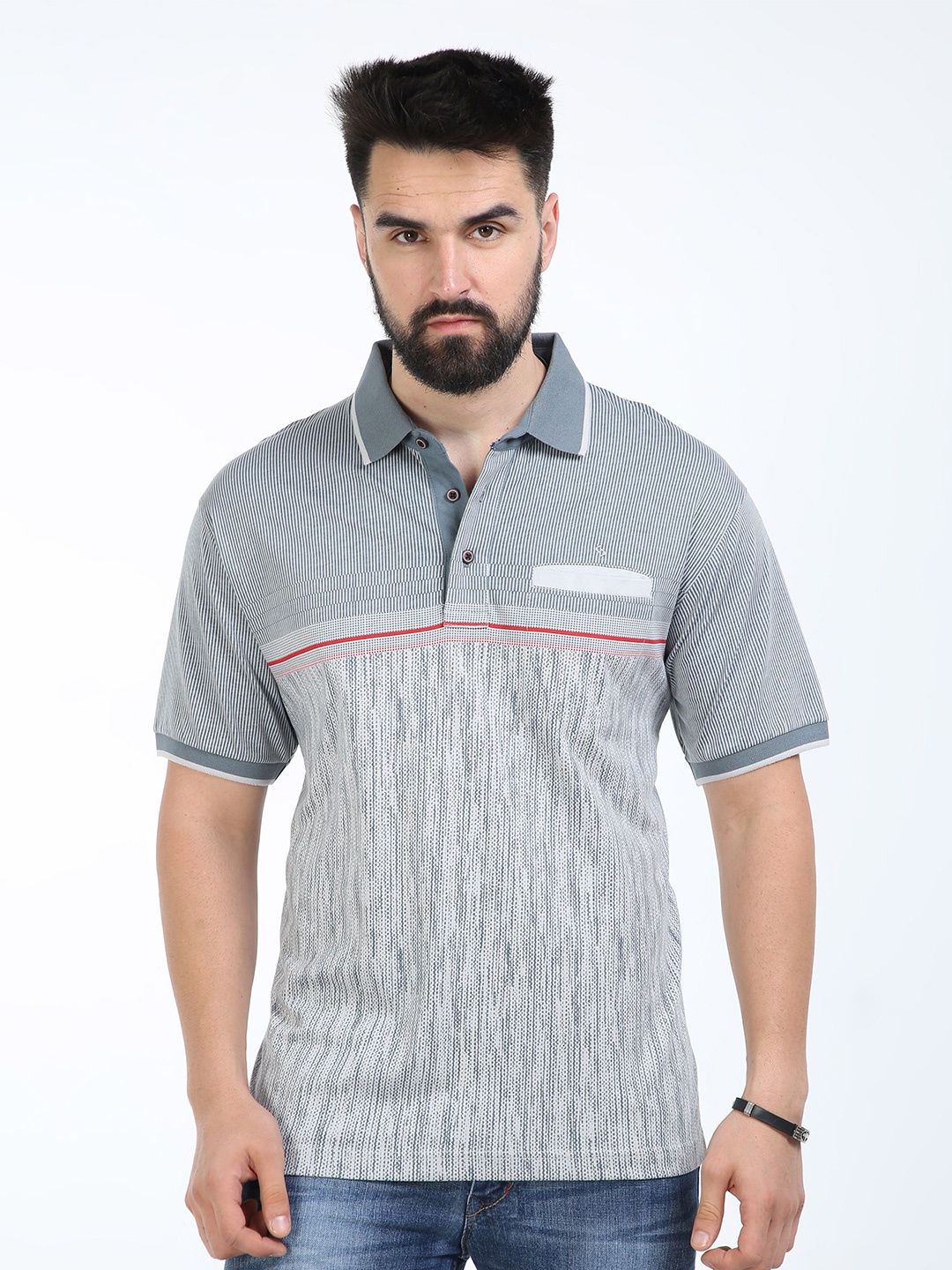 

Classic Polo Striped Polo Collar Cotton T-shirt, Grey