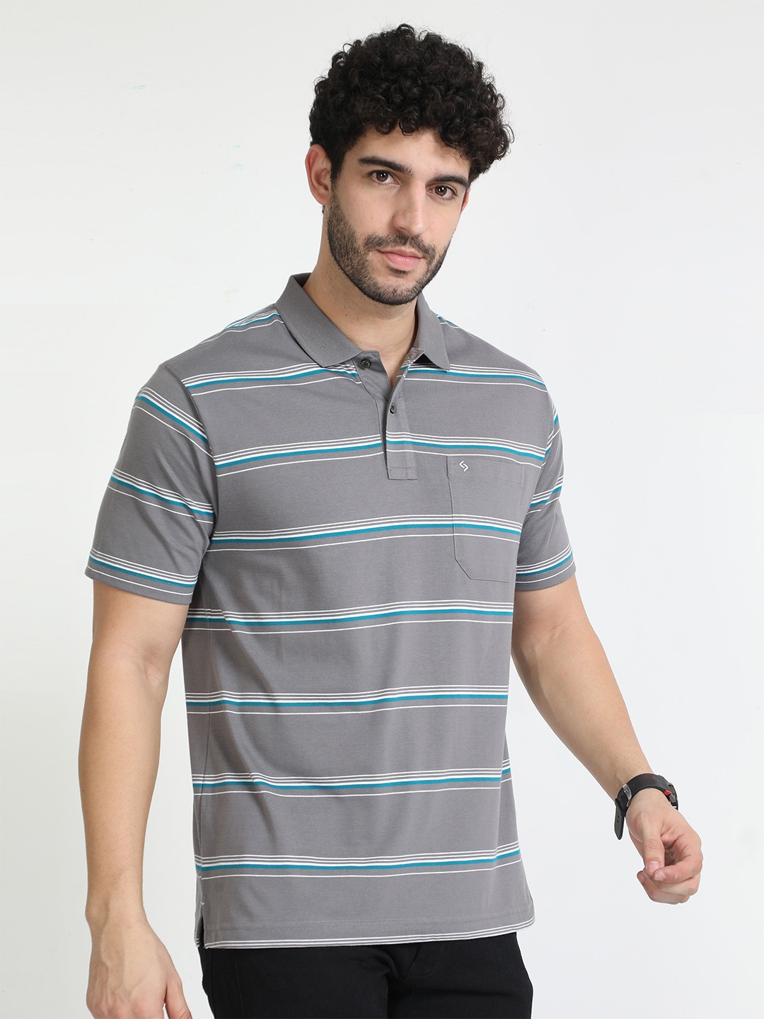 

Classic Polo Striped Polo Collar Cotton T-shirt, Grey