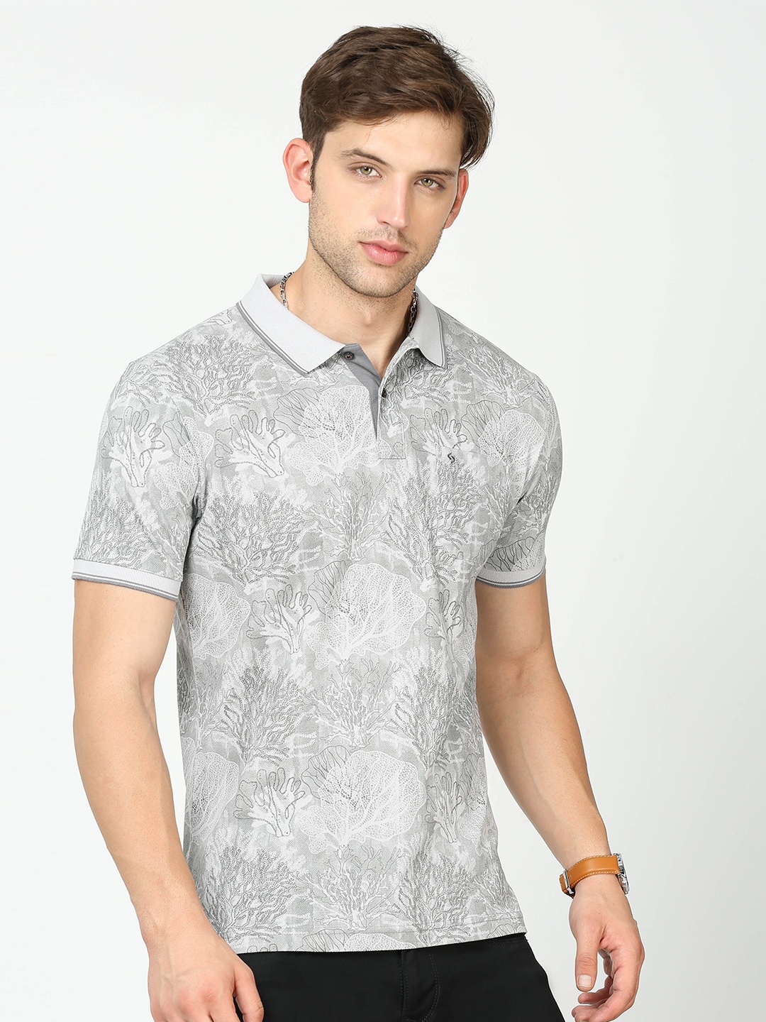 

Classic Polo Abstract Printed Polo Collar Cotton Slim Fit T-shirt, Grey