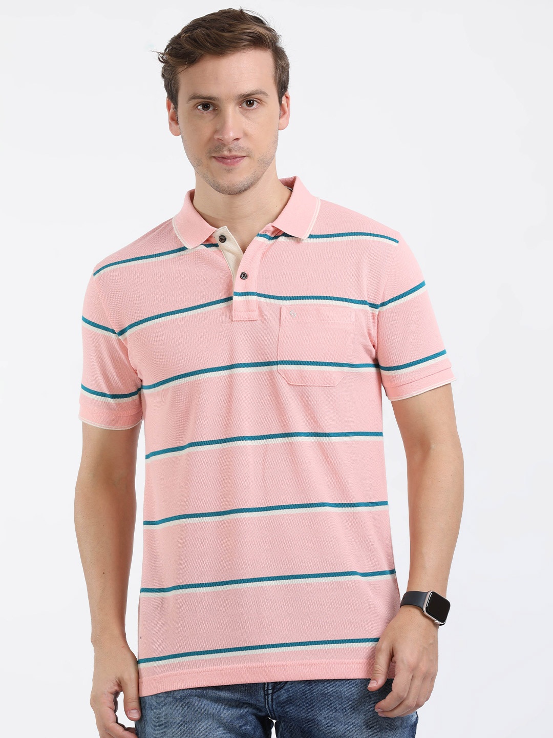 

Classic Polo Striped Polo Collar Cotton Regular T-shirt, Pink