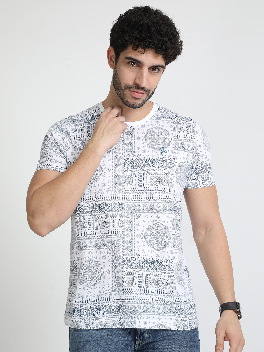 

Classic Polo Ethnic Motifs Printed Round Neck Cotton Regular T-shirt, White