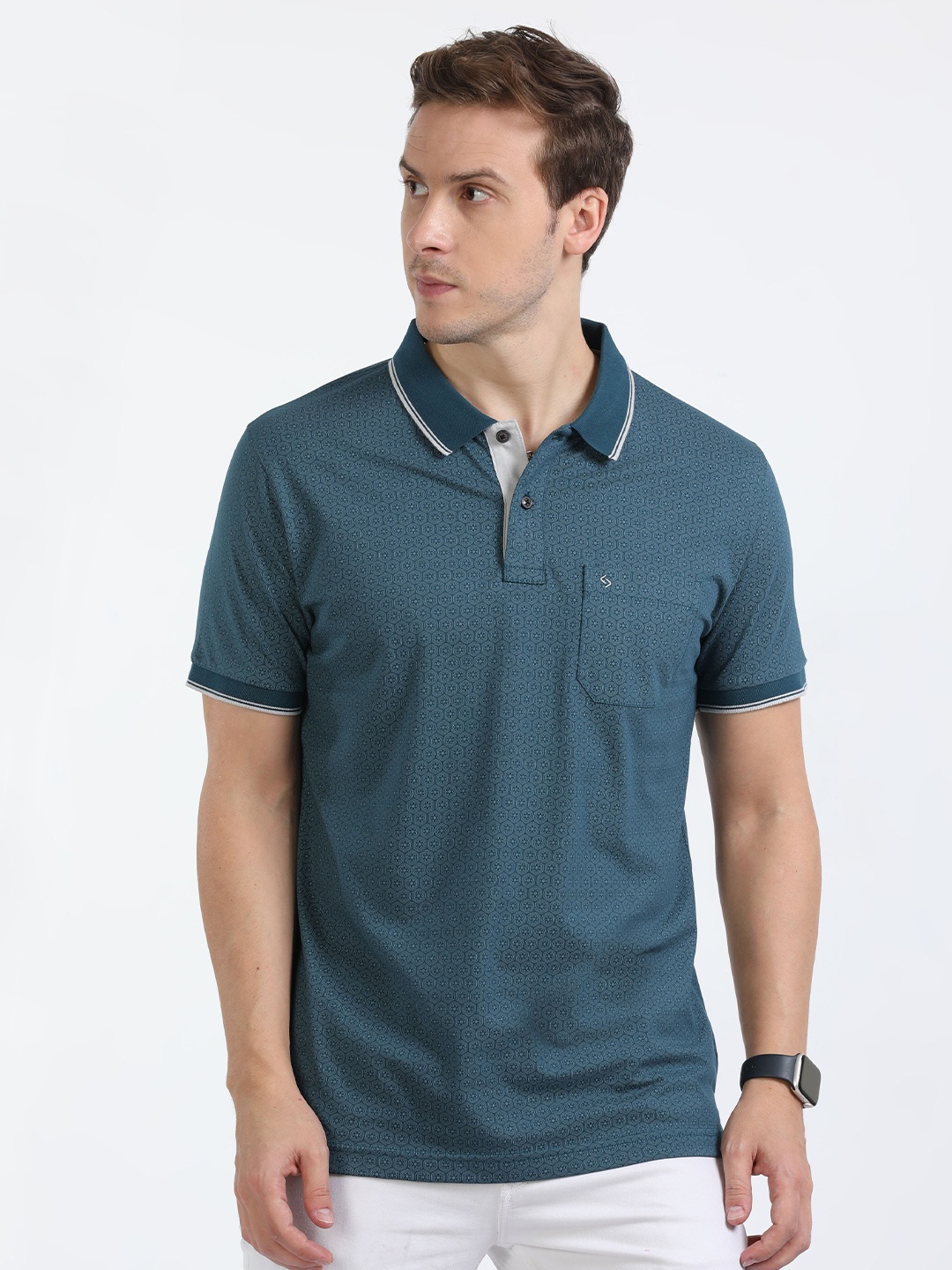 

Classic Polo Geometric Printed Polo Collar Cotton Regular T-shirt, Blue