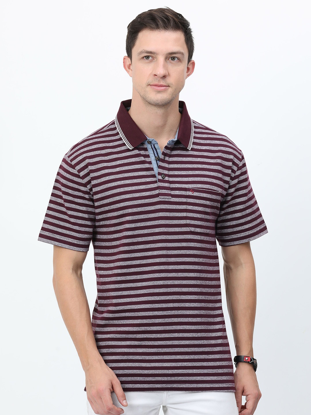 

Classic Polo Striped Polo Collar Cotton Regular T-shirt, Maroon