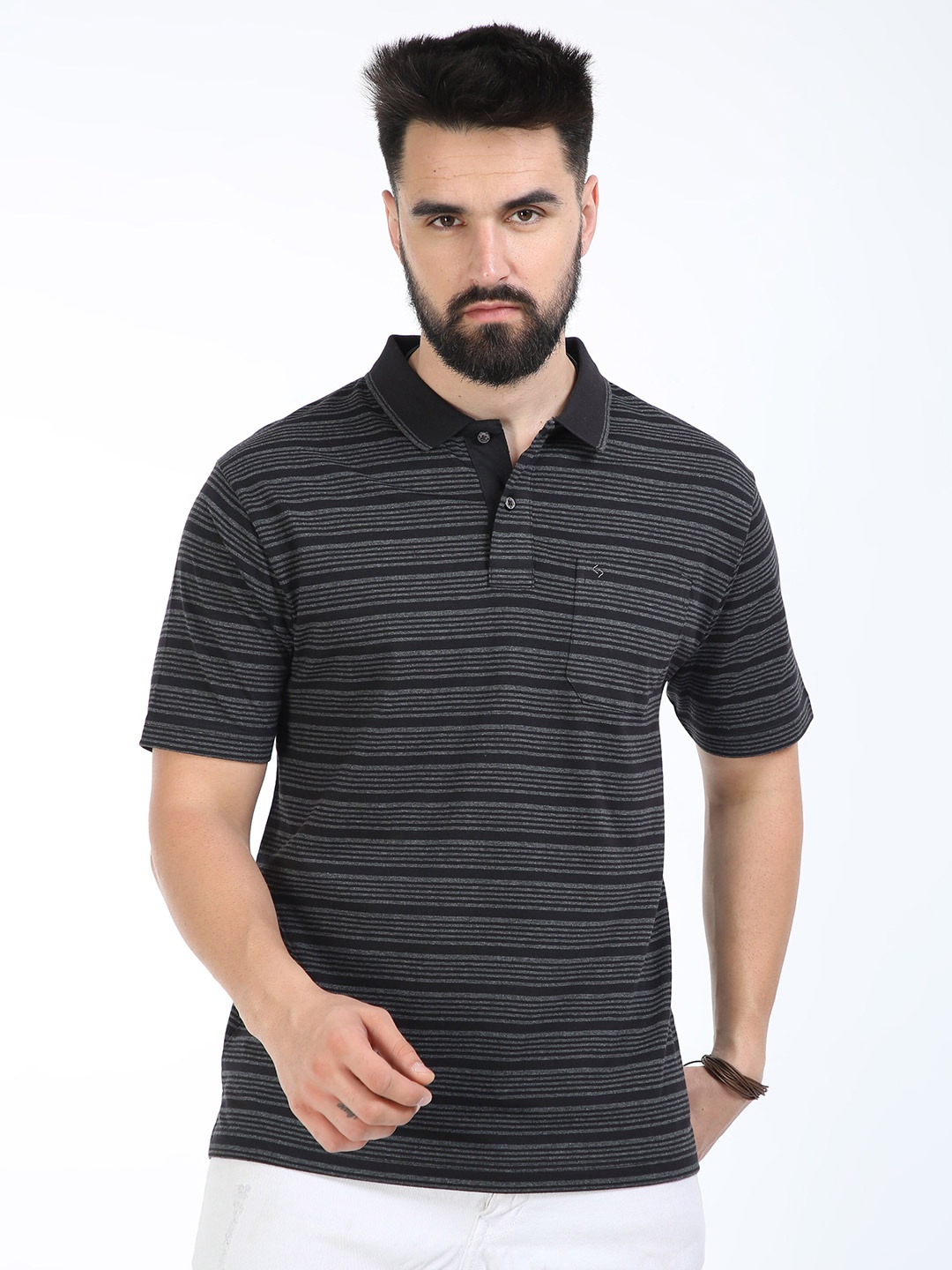 

Classic Polo Striped Polo Collar Cotton Regular T-shirt, Black