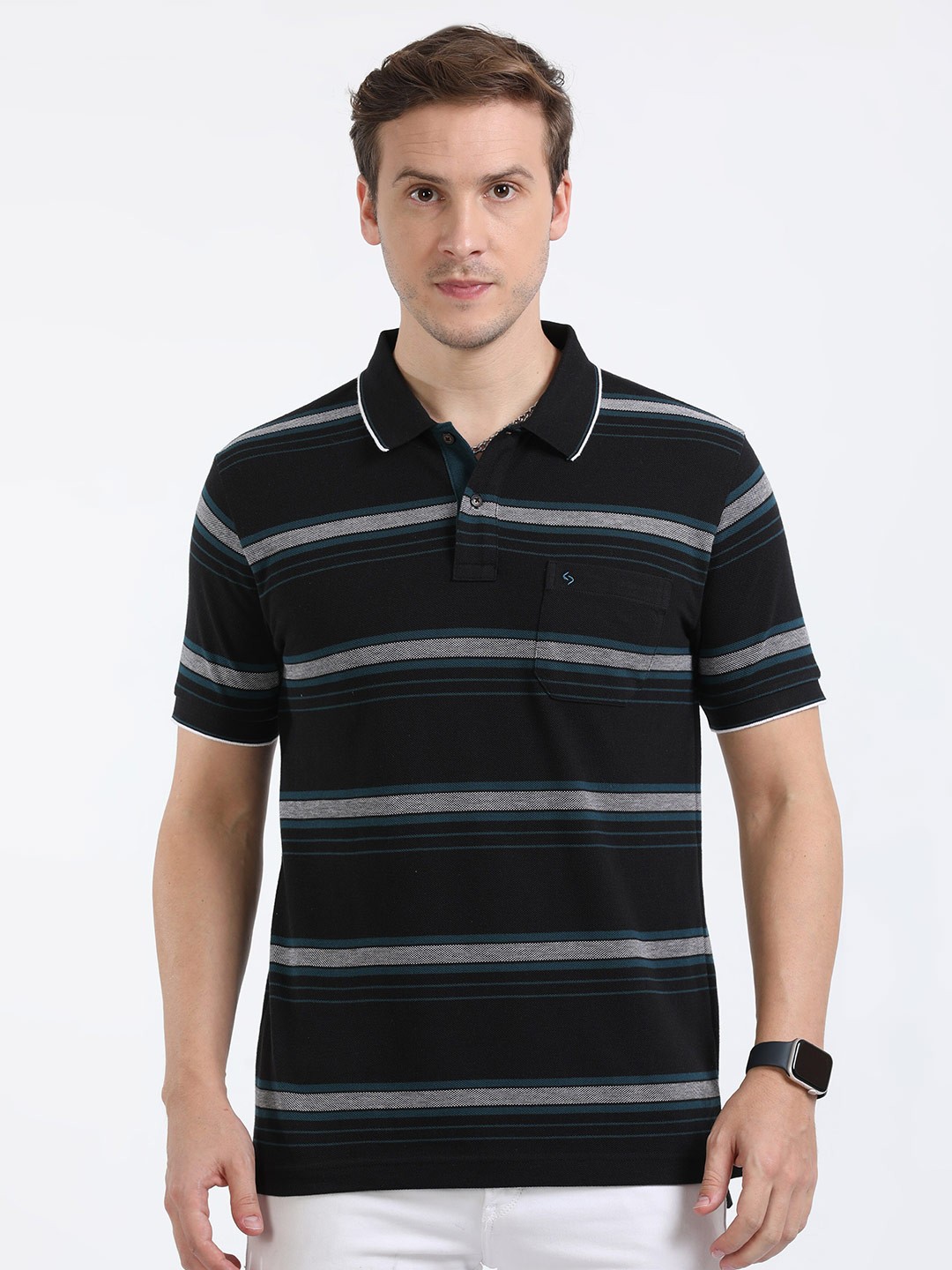 

Classic Polo Striped Cotton Polo Collar Pockets Slim Fit T-shirt, Black