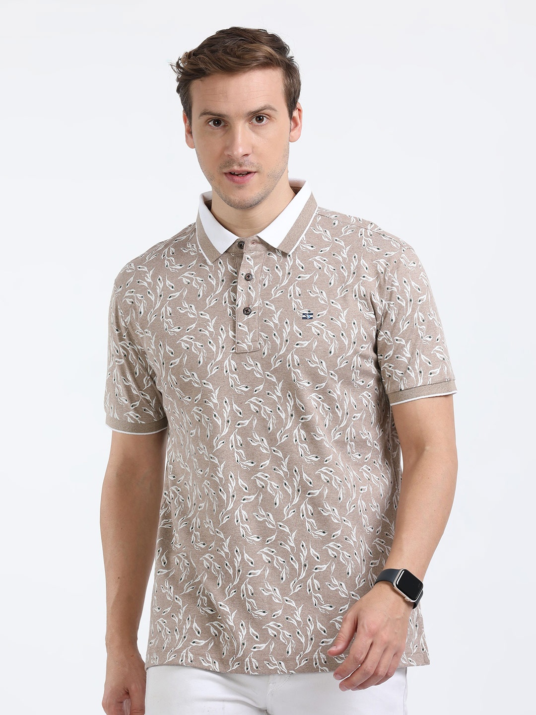 

Classic Polo Floral Printed Cotton Polo Collar Pockets Slim Fit T-shirt, Cream