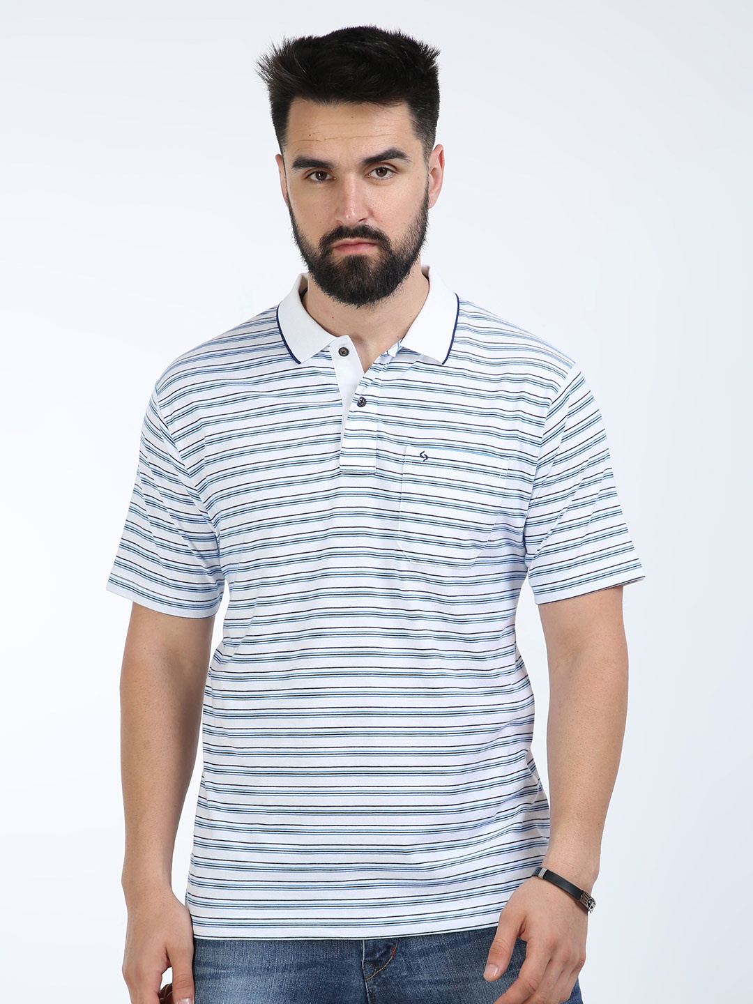 

Classic Polo Striped Cotton Polo Collar Pockets T-shirt, White