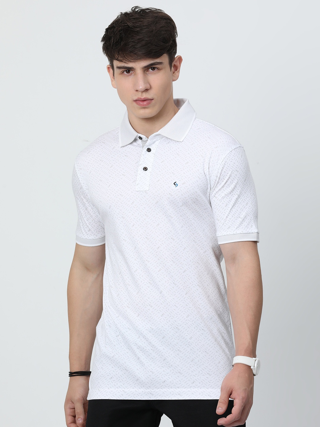 

Classic Polo Geometric Printed Cotton Polo Collar Slim Fit T-shirt, White