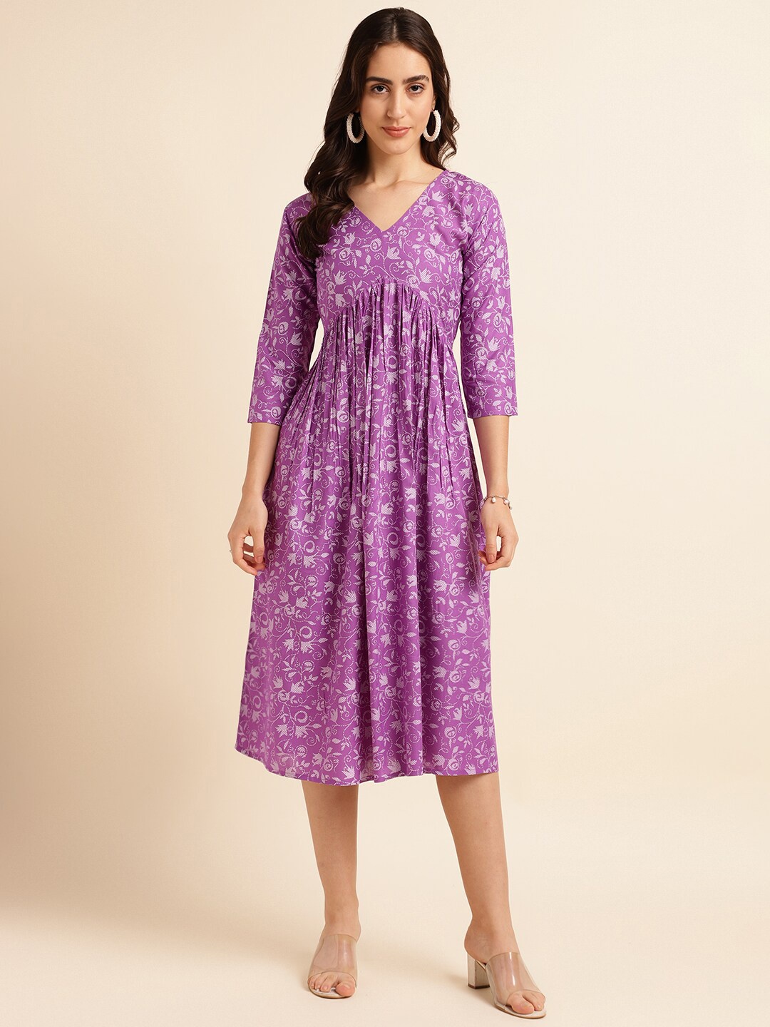 

Fabclub Ethnic Motifs Printed V-Neck Casual Fit & Flare Midi Dress, Purple