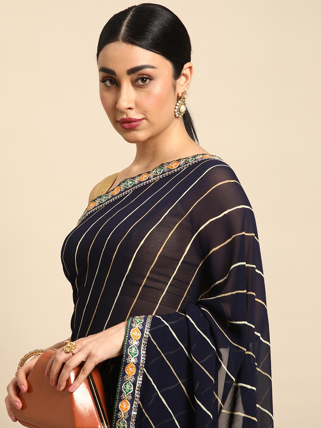 

Mitera Leheriya Zari Pure Chiffon Saree, Navy blue