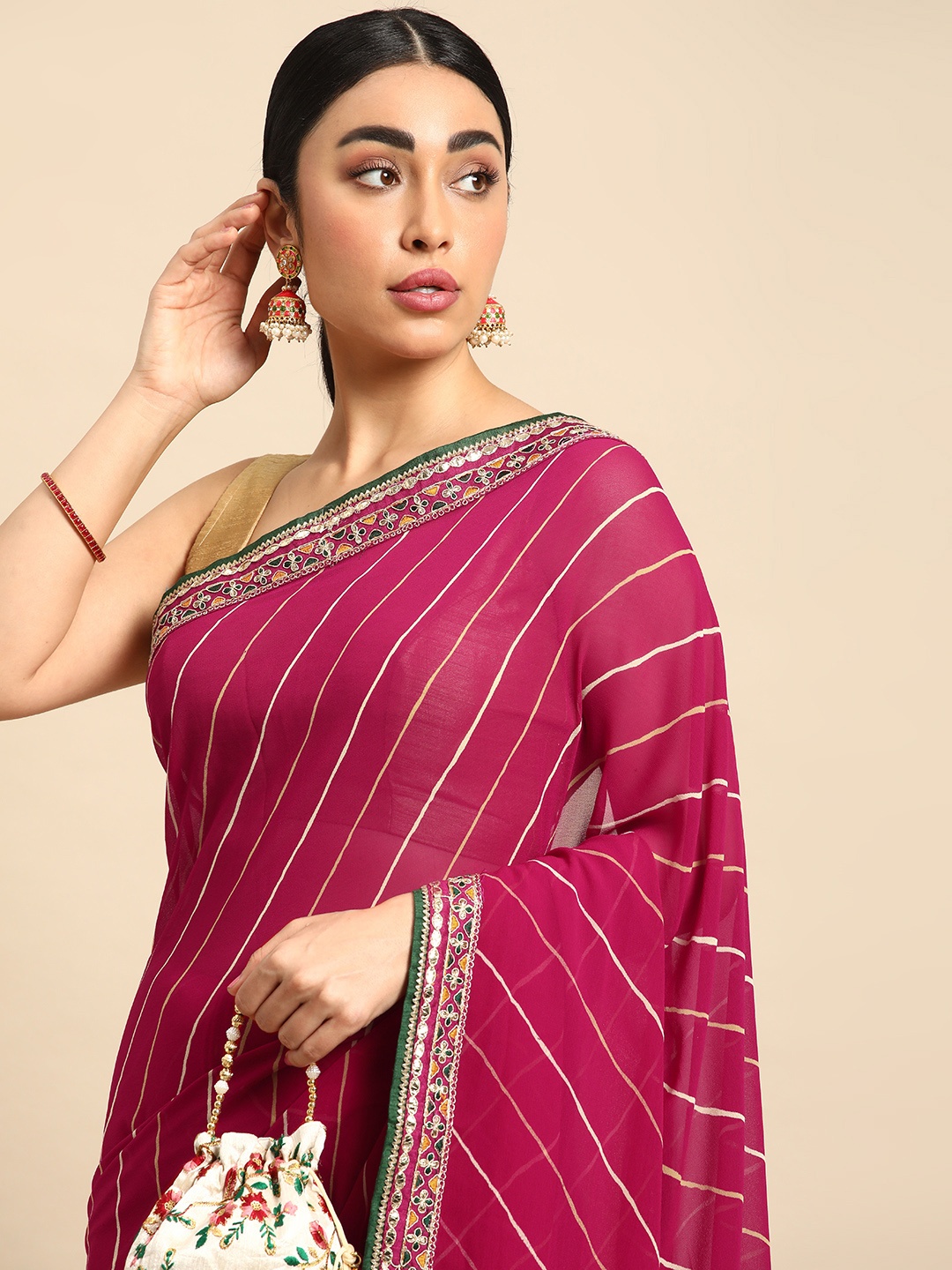 

Mitera Leheriya Zari Pure Chiffon Saree, Pink