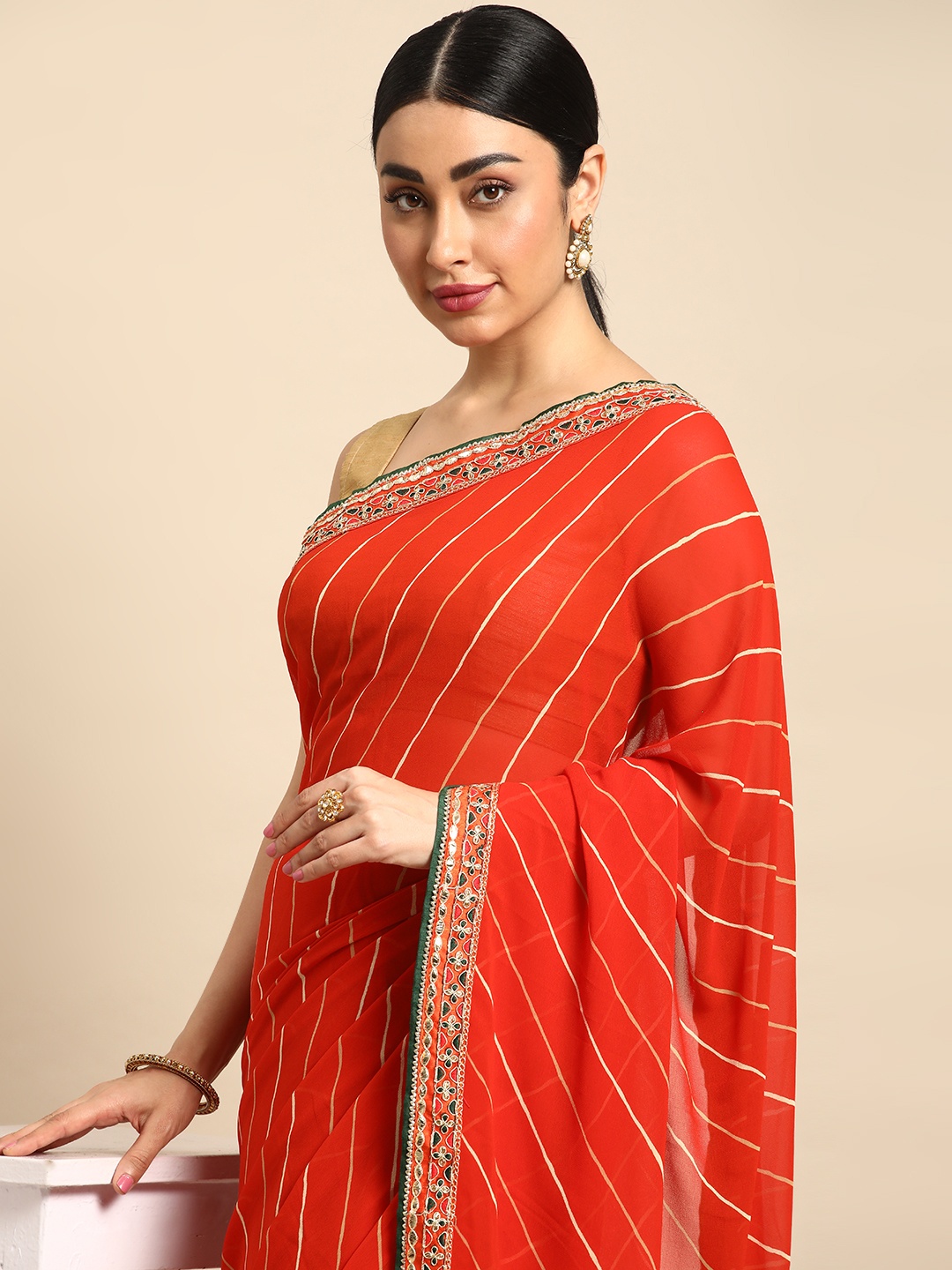 

Mitera Leheriya Zari Pure Chiffon Saree, Orange