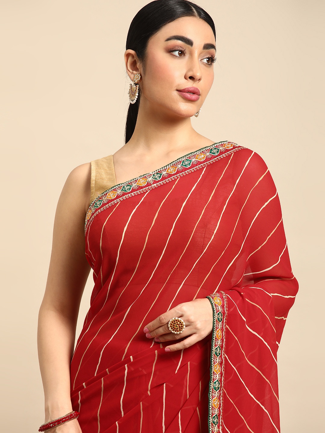 

Mitera Leheriya Zari Pure Chiffon Saree, Red