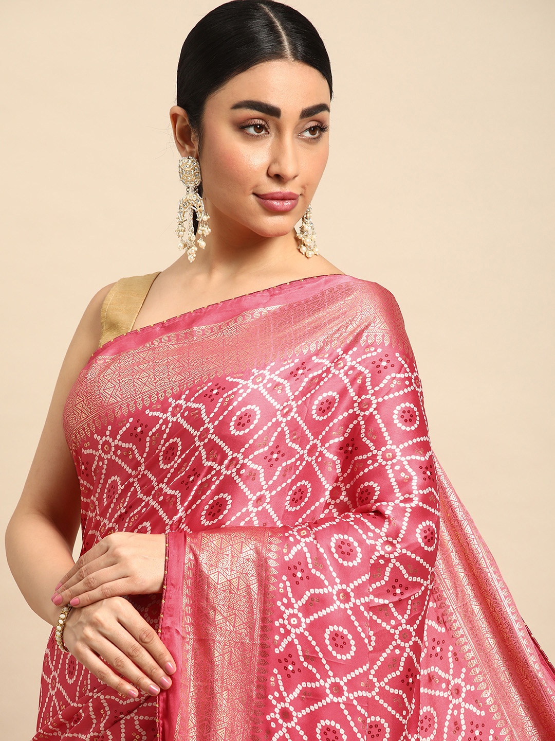 

Mitera Bandhani Printed Gotta Patti Pure Crepe Saree, Pink