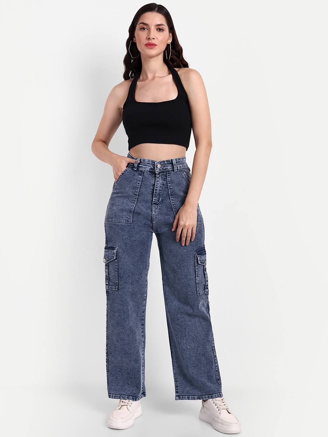 

Next One Women Smart Wide Leg High-Rise Heavy Fade Stretchable Jeans, Blue