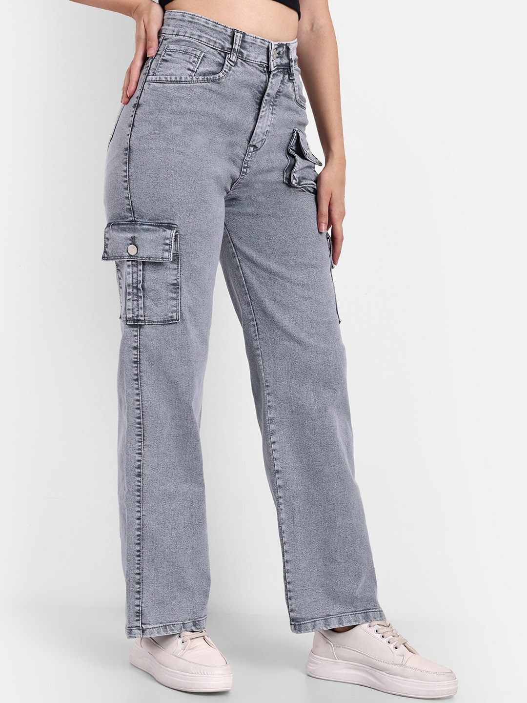 

Next One Women Smart Wide Leg High-Rise Heavy Fade Stretchable Jeans, Grey
