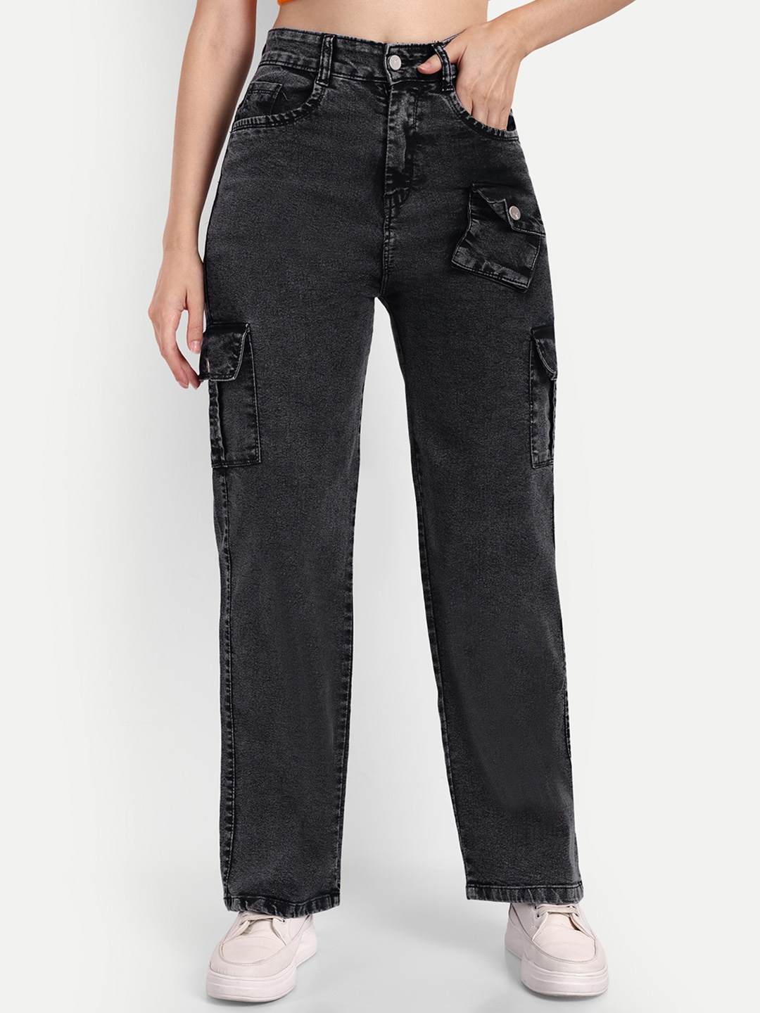 

Next One Women Smart Wide Leg High-Rise Light Fade Stretchable Jeans, Black