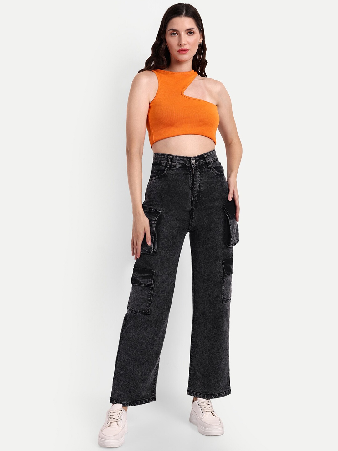 

Next One Women Smart Wide Leg High-Rise Clean Look Stretchable Cargos, Black