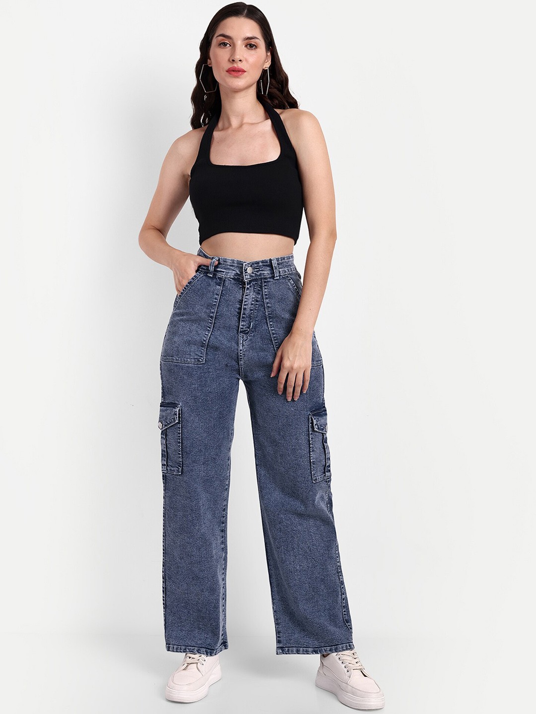 

Next One Women Smart Wide Leg High-Rise Clean Look Stretchable Cargos, Blue