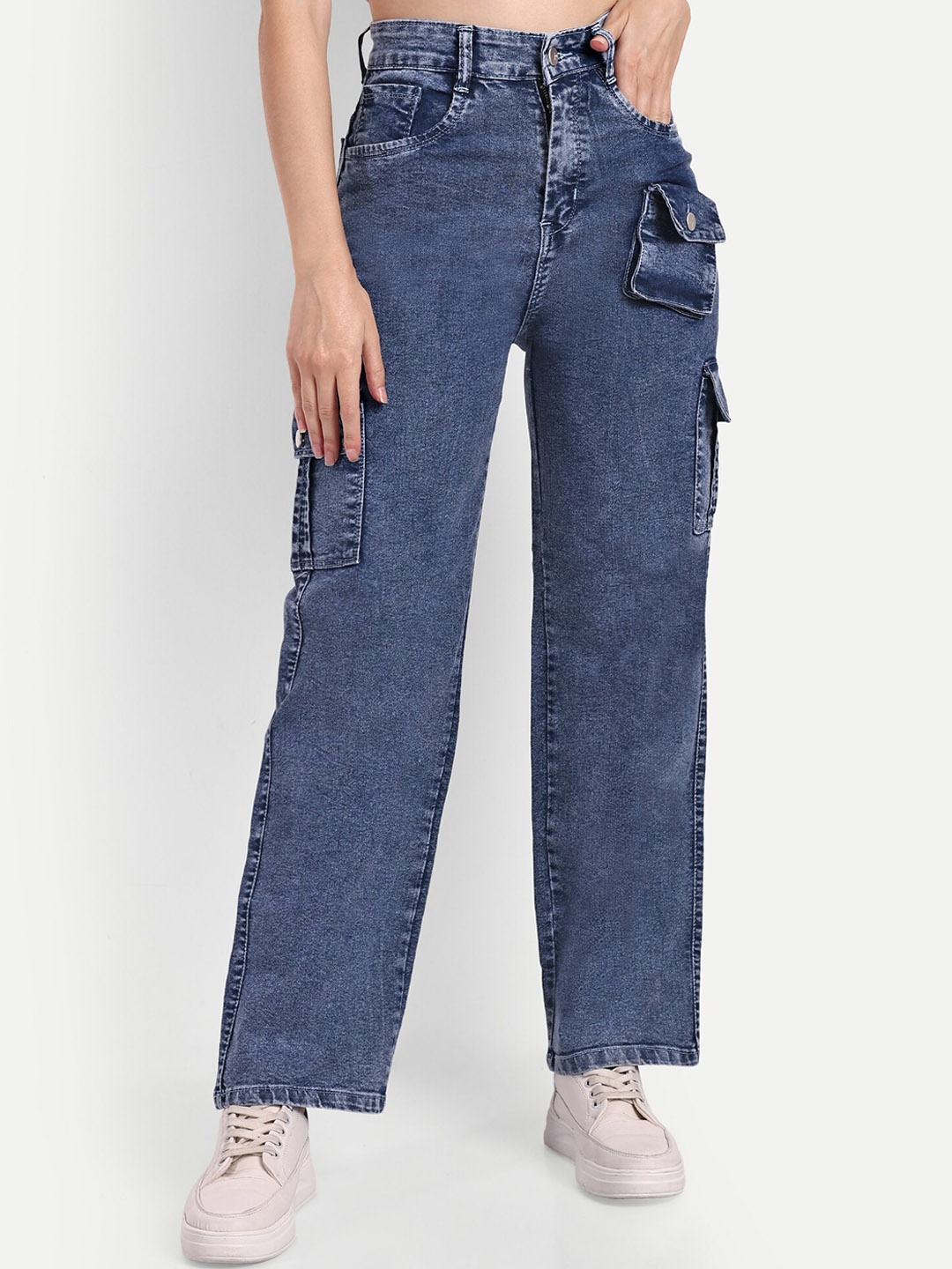 

Next One Women Smart Wide Leg High-Rise Clean Look Stretchable Cargos, Blue