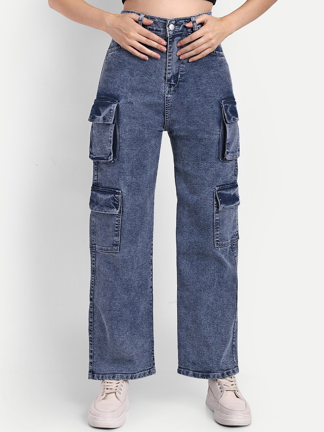 

Next One Women Smart Wide Leg High-Rise Clean Look Stretchable Cargos, Blue