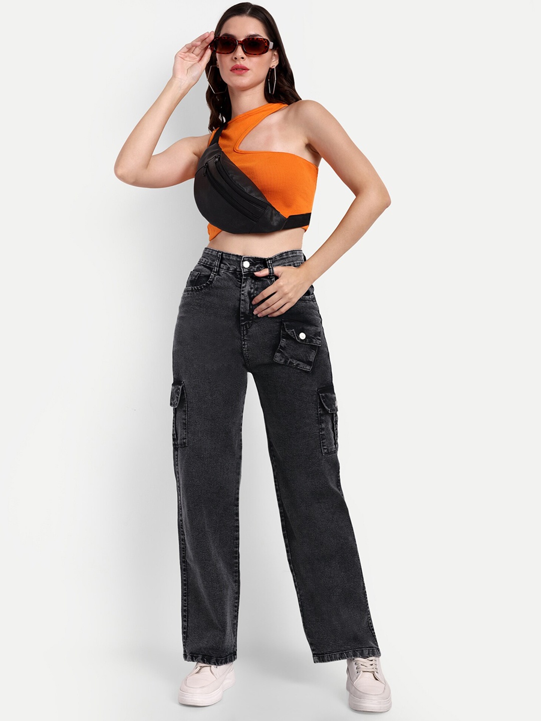 

Next One Women Smart Wide Leg High-Rise Clean Look Stretchable Cargos, Black
