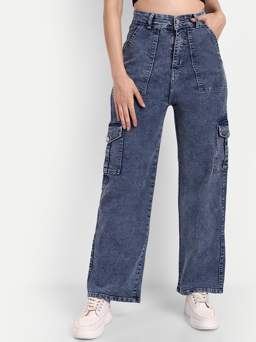 

Next One Women Smart Wide Leg High-Rise Clean Look Stretchable Cargos, Blue
