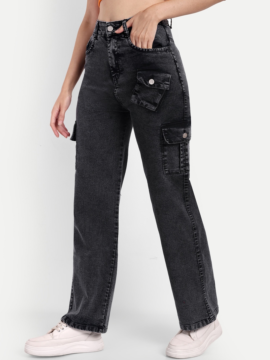 

Next One Women Smart Wide Leg High-Rise Clean Look Stretchable Cargos, Black