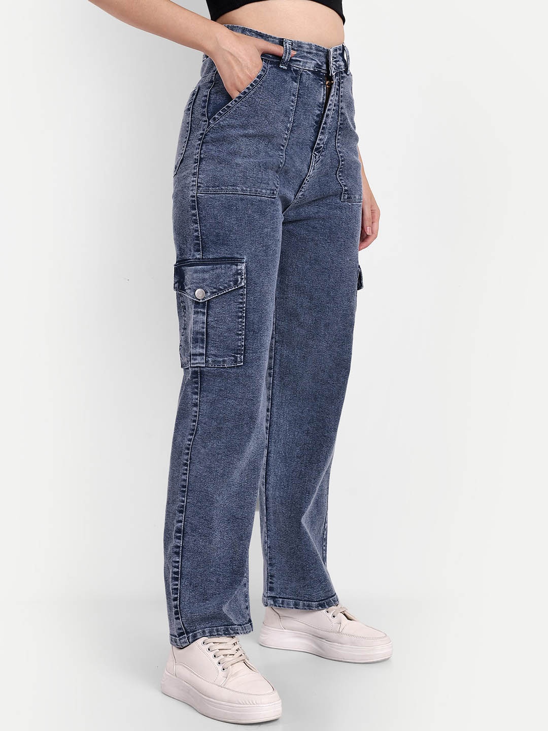 

Next One Women Smart Wide Leg High-Rise Clean Look Stretchable Cargos, Blue