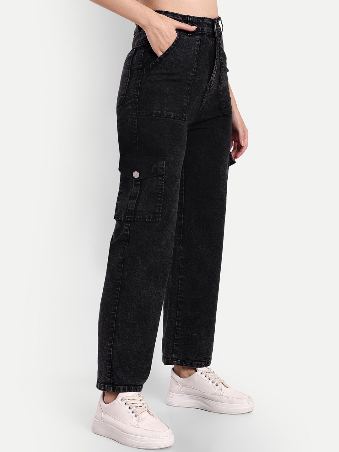 

Next One Women Smart Wide Leg High-Rise Clean Look Stretchable Cargos, Black