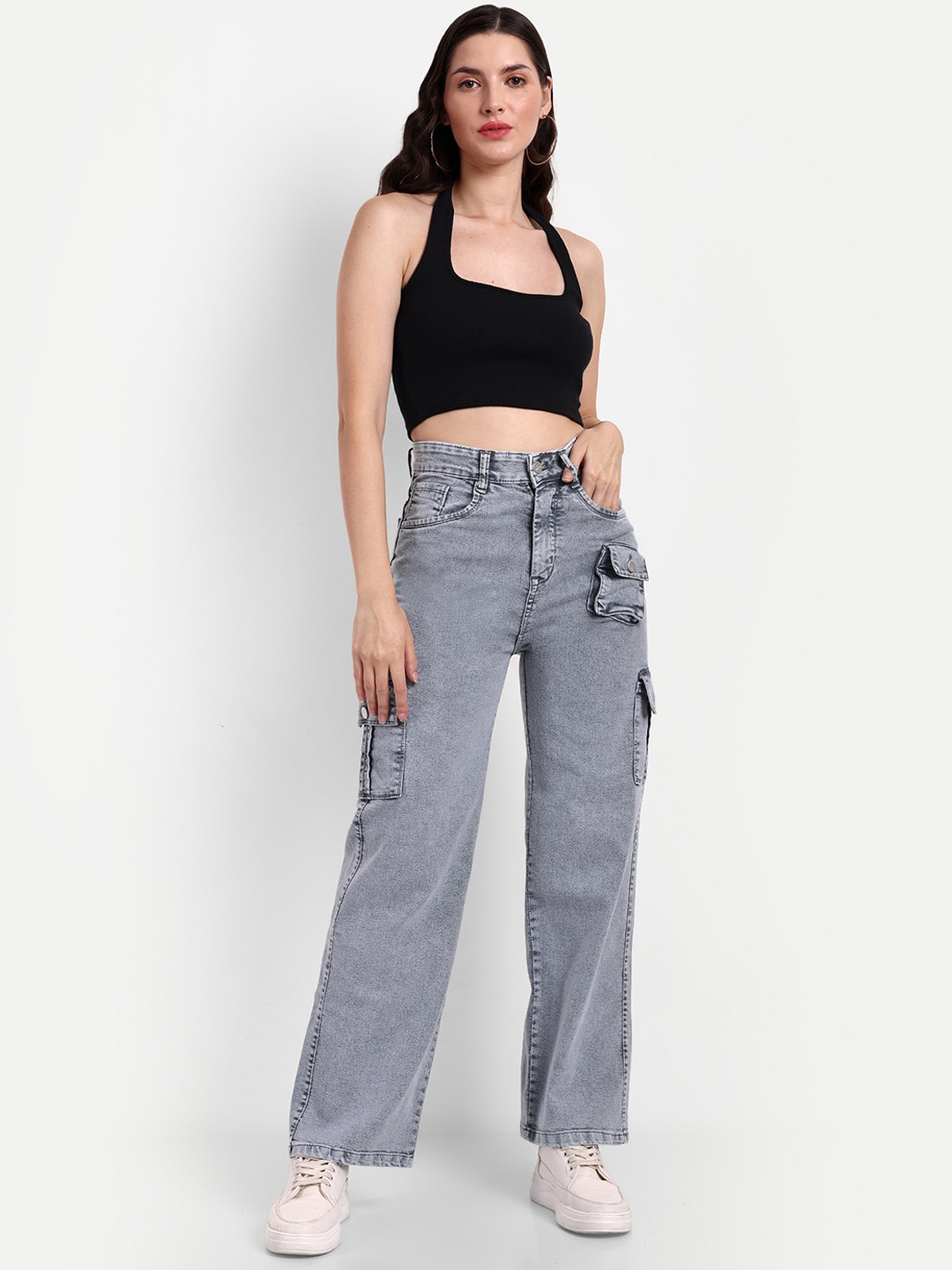

Next One Women Smart Wide Leg High-Rise Clean Look Stretchable Cargos, Grey