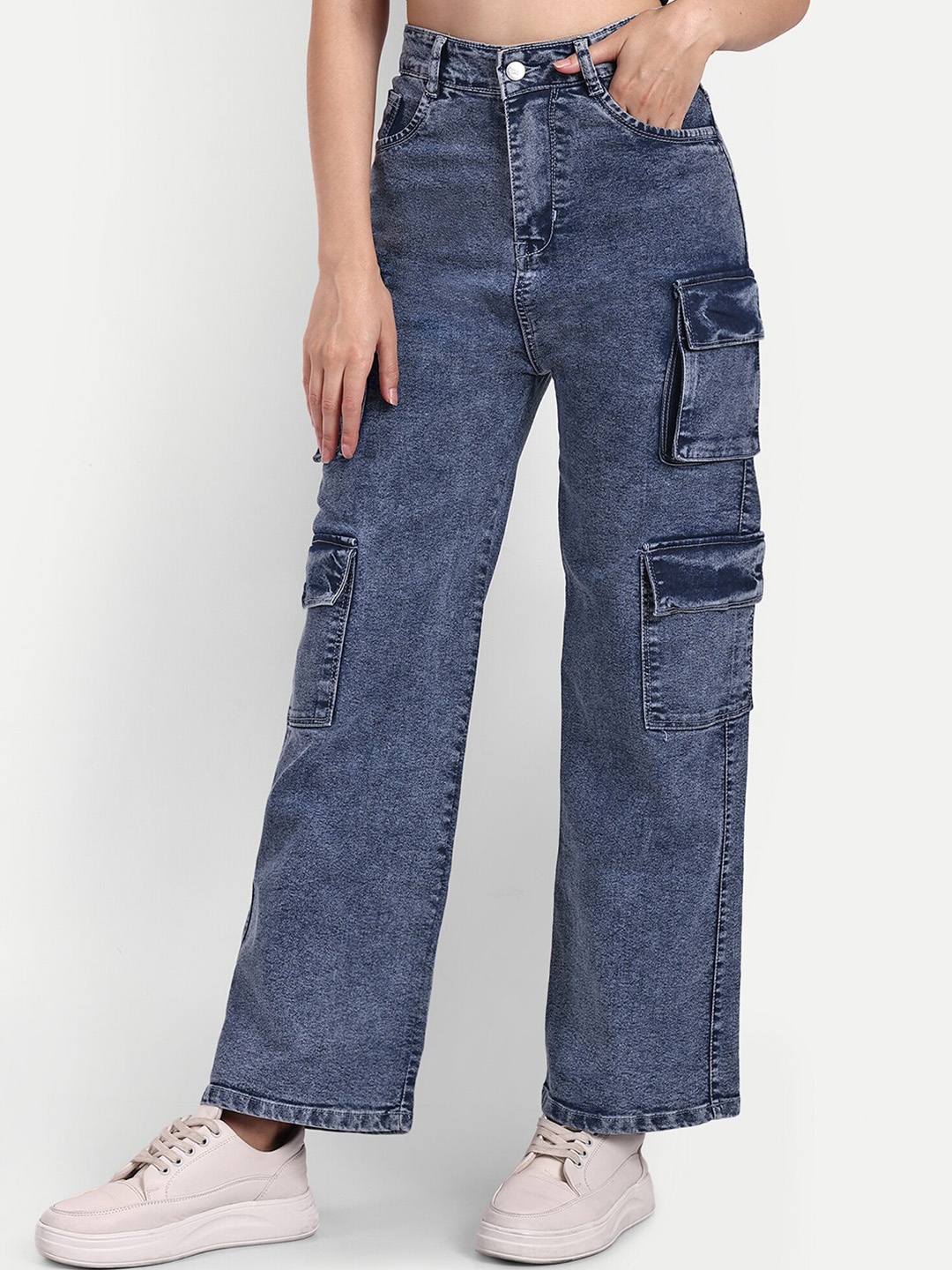 

Next One Women Smart Wide Leg High-Rise Clean Look Stretchable Cargos, Blue