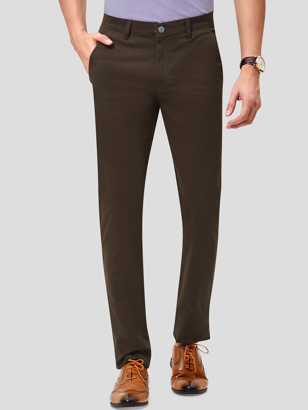 

MOZZO Men Mid Rise Slim Fit Cotton Formal Trousers, Olive