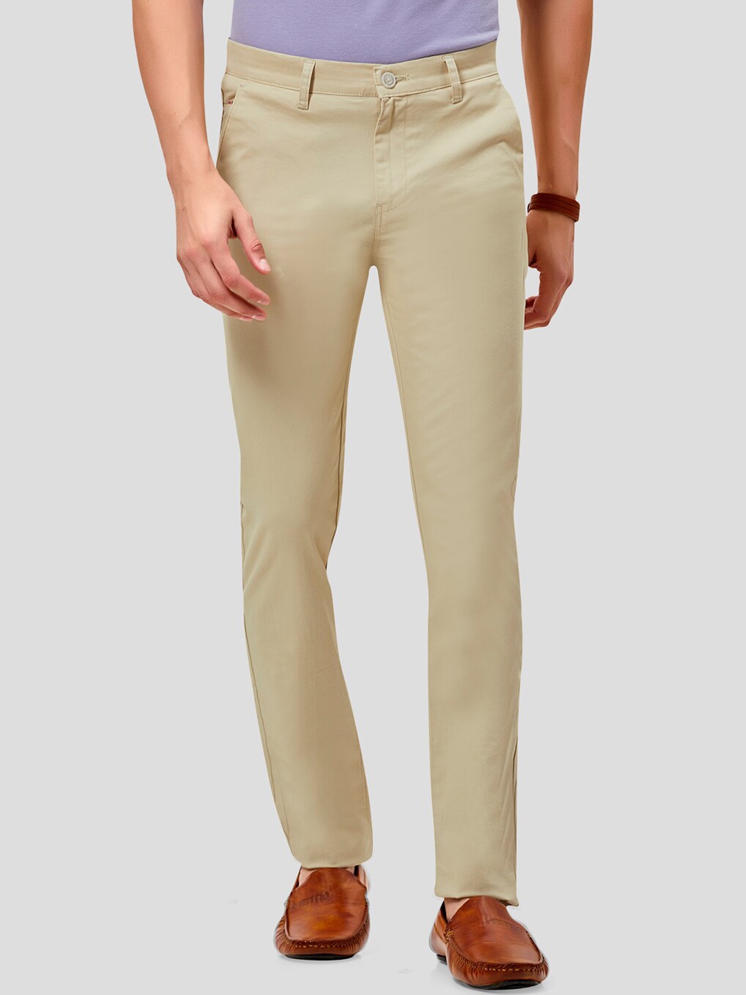 

MOZZO Men Mid Rise Slim Fit Cotton Formal Trousers, Cream