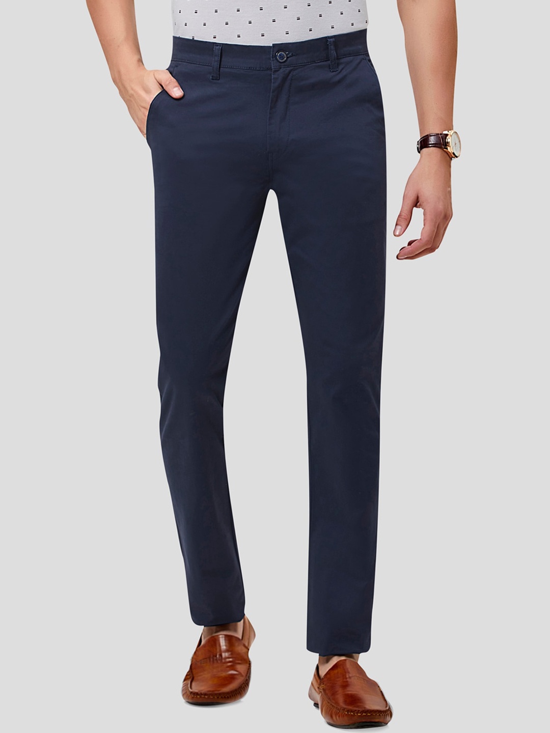 

MOZZO Men Mid Rise Slim Fit Cotton Formal Trousers, Navy blue