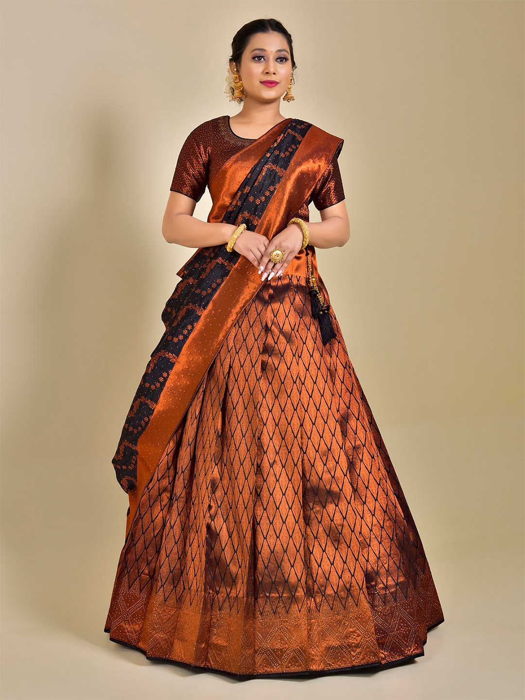 

HALFSAREE STUDIO Semi-Stitched Lehenga & Unstitched Blouse With Dupatta, Coffee brown