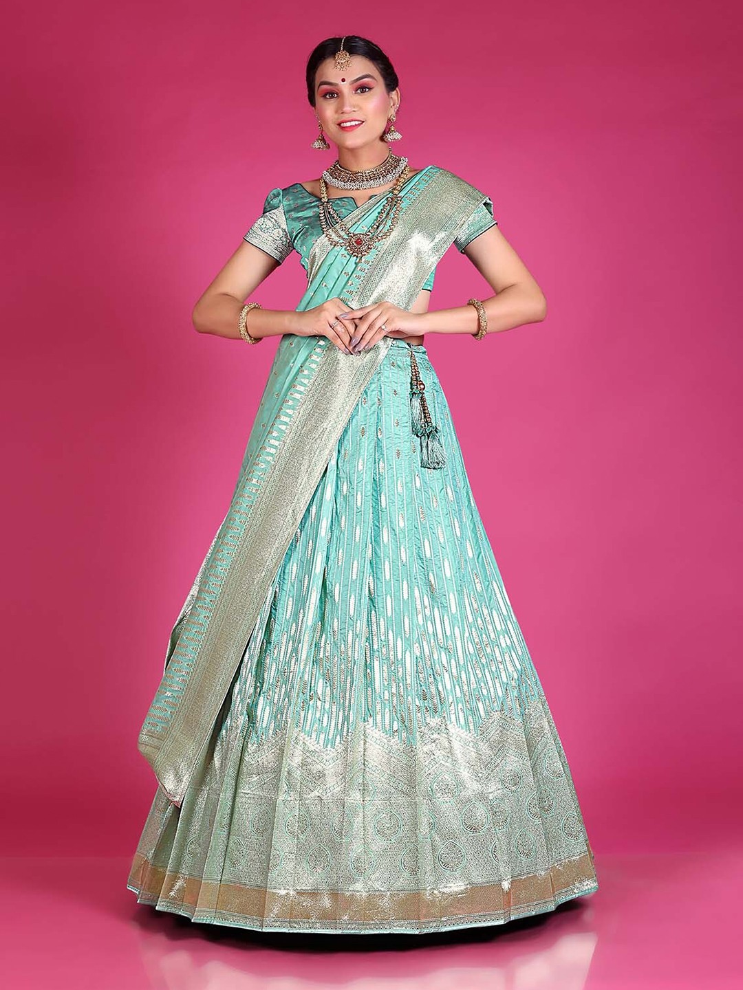 

HALFSAREE STUDIO Semi-Stitched Lehenga & Unstitched Blouse With Dupatta, Sea green