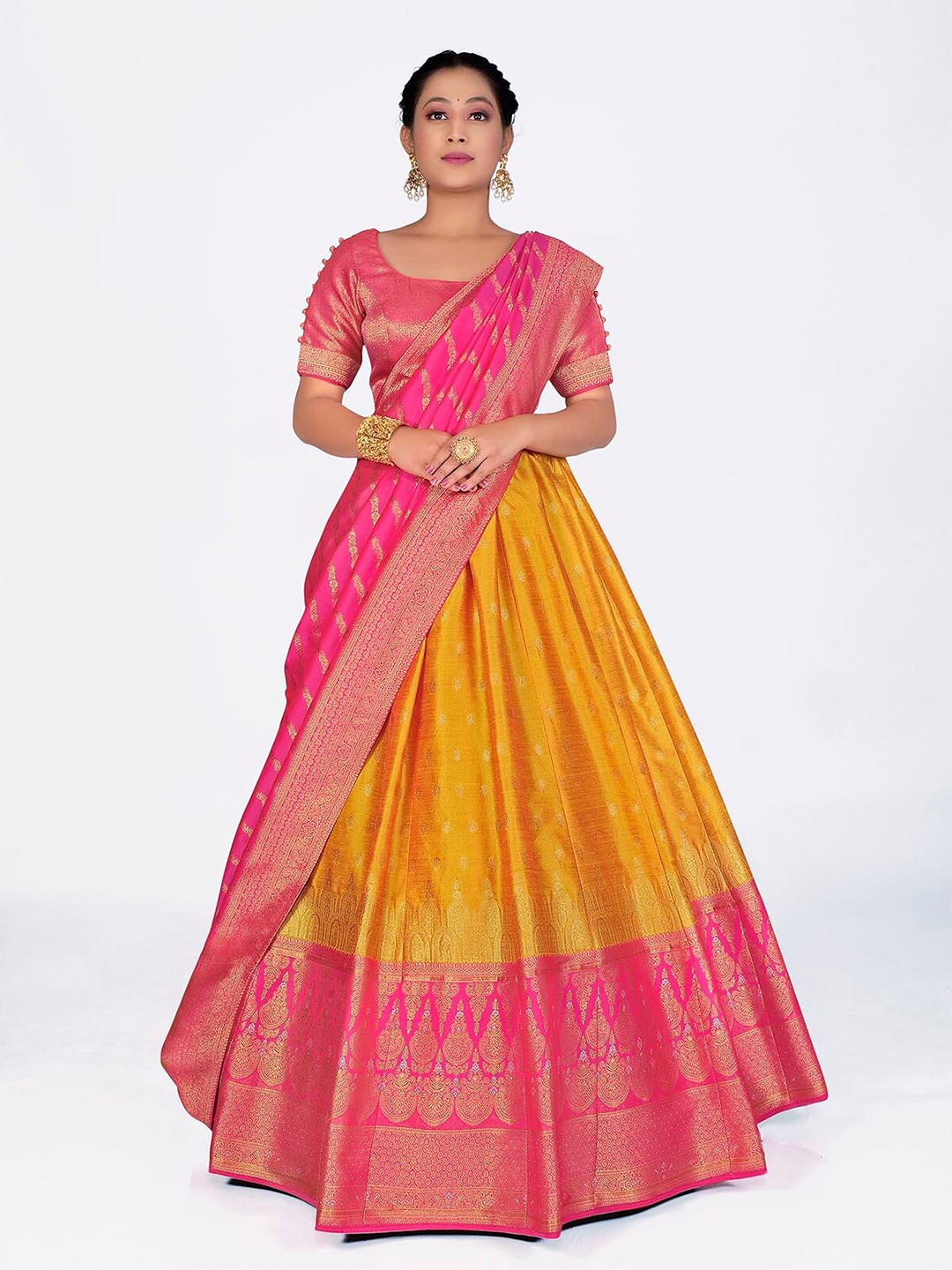 

HALFSAREE STUDIO Semi-Stitched Lehenga & Unstitched Blouse With Dupatta, Pink
