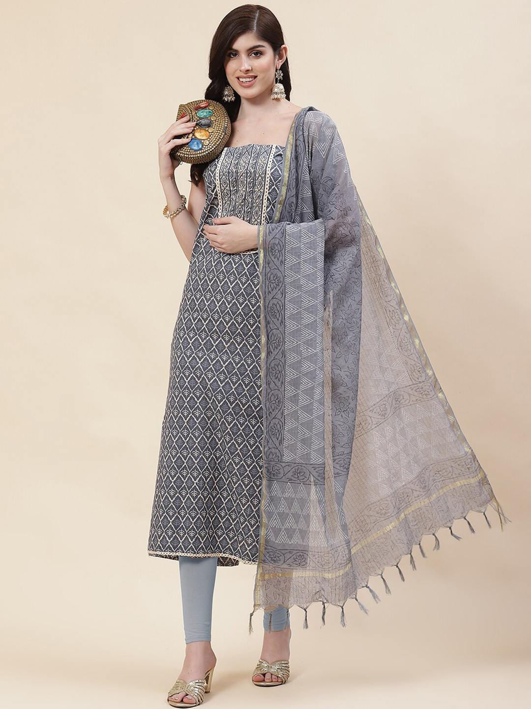

Meena Bazaar Ethnic Motifs Printed Unstitched Dress Material, Grey