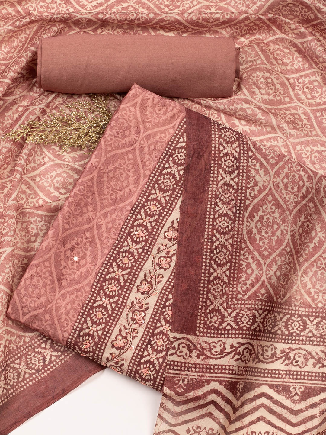 

Meena Bazaar Ethnic Motifs Printed Art Silk Unstitched Dress Material, Pink