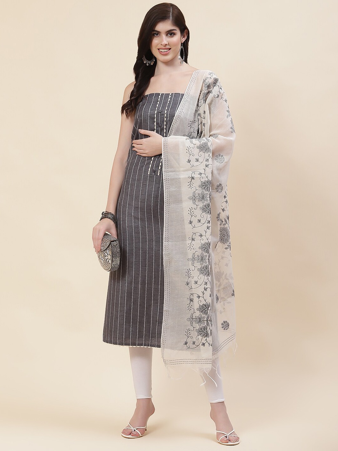 

Meena Bazaar Ethnic Motifs Woven Design Unstitched Dress Material, Grey