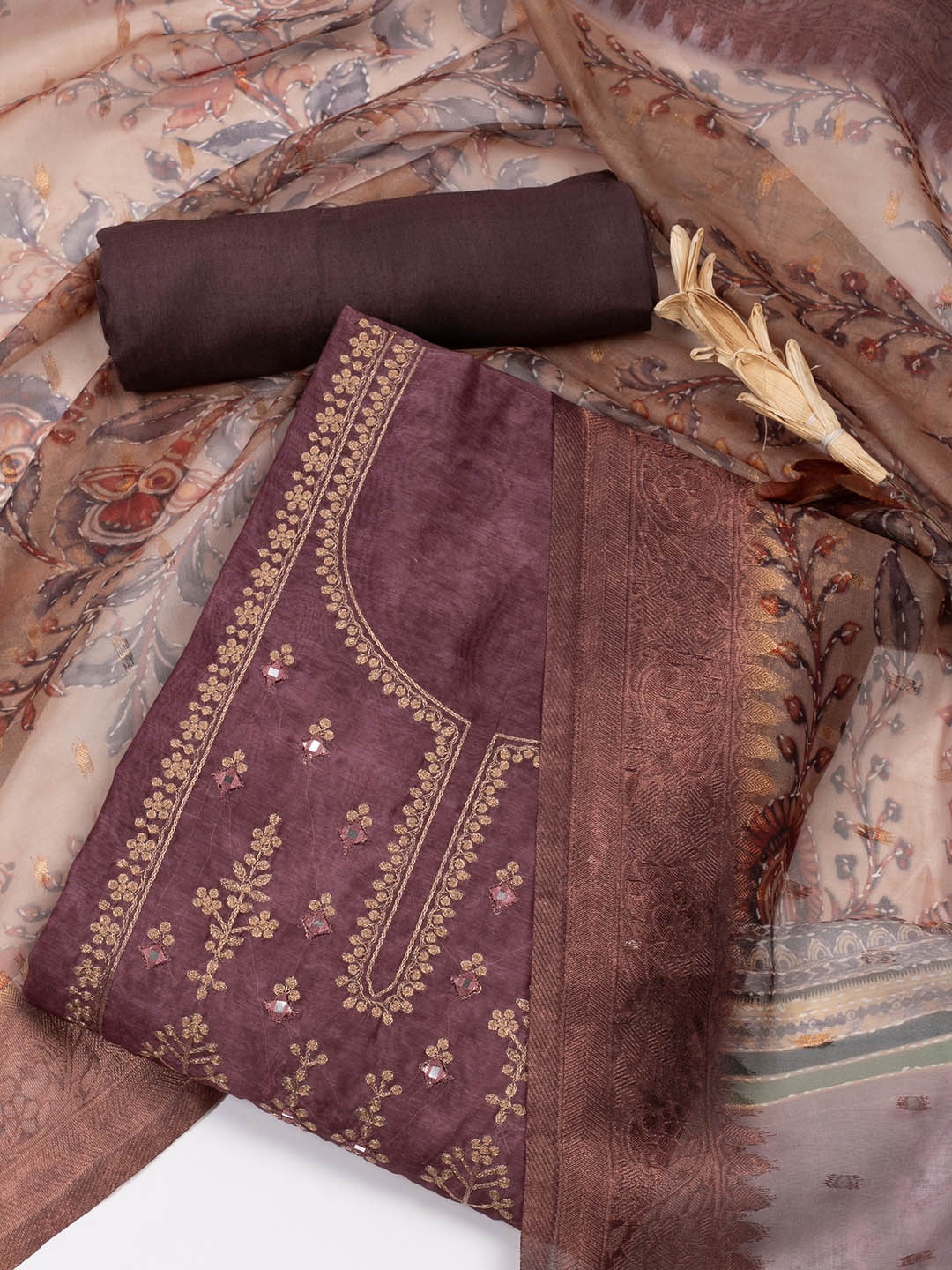 

Meena Bazaar Floral Embroidered Sequinned Unstitched Dress Material, Burgundy
