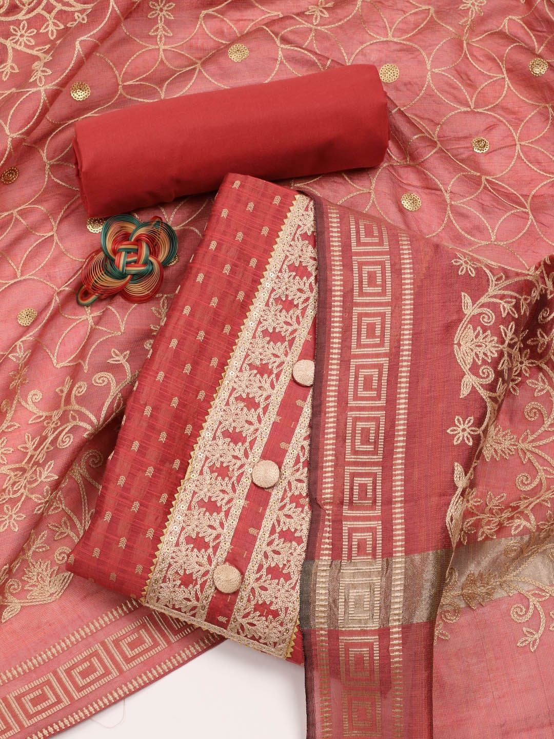 

Meena Bazaar Floral Embroidered Art Silk Unstitched Dress Material, Red